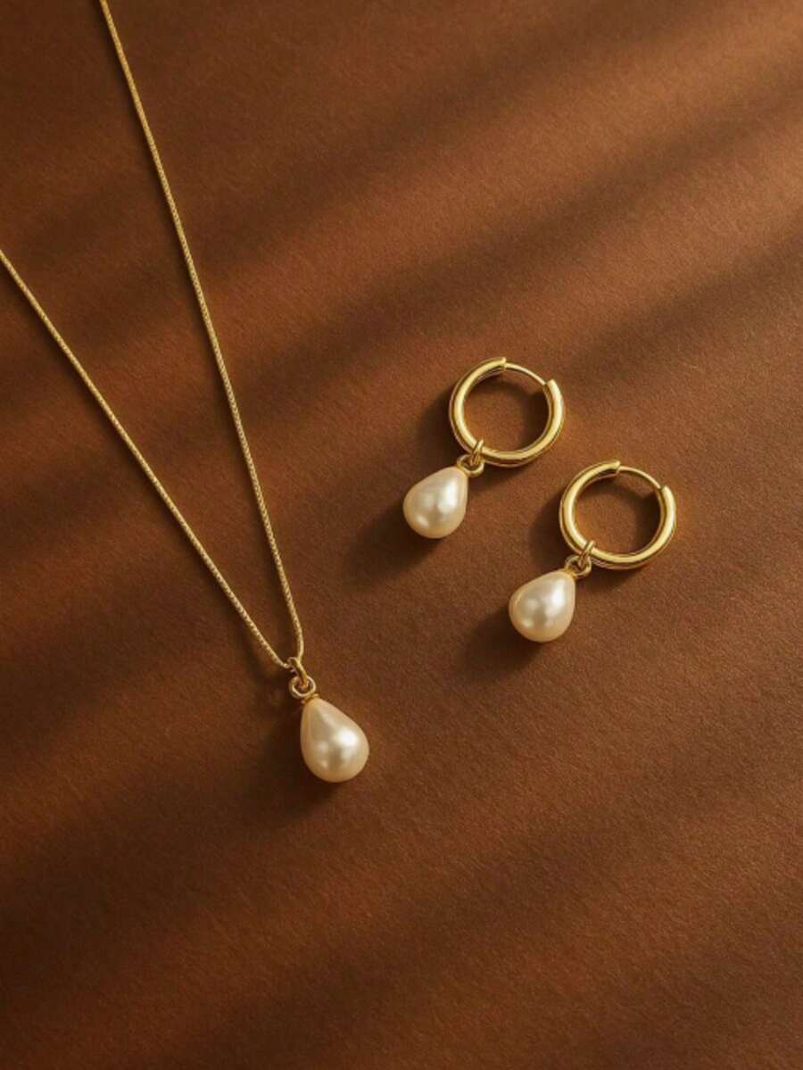 3pcs Non-Fading Fashion Women Teardrop & Water Drop Faux Pearl Jewelry Set (Earrings & Necklace), Suitable For Daily Wear,Summer,Jewellery - Gold - View 1