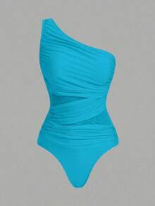Swim Oasis One-Piece Swimsuit With Solid Color Ruched Mesh Panel And Sarong Skirt - Blue 2 - View 6