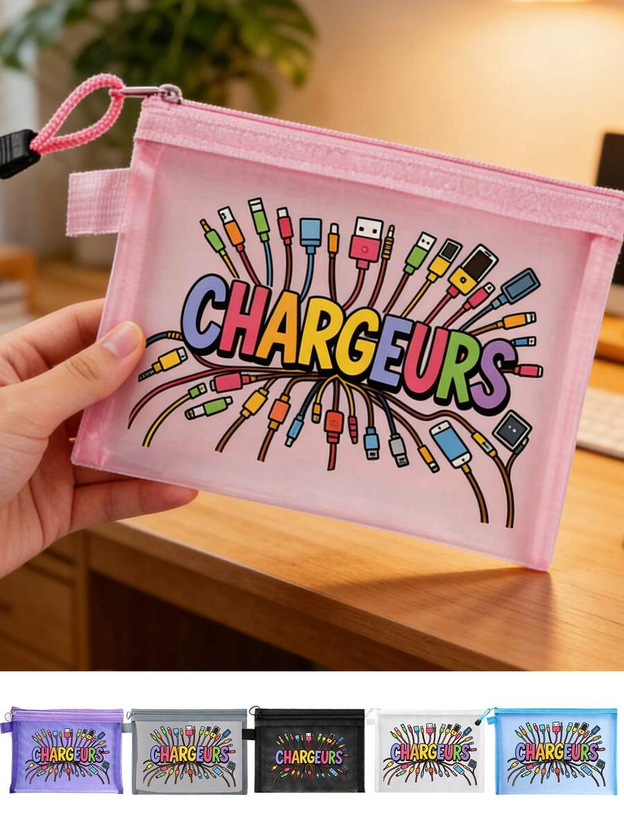 Mesh Zipper Storage Bag, With "Chargeurs" Letter Pattern, Multi-Function Storage Portable Storage Bag, Digital Bag, Makeup Bag, Skin Care Bag, Travel Toiletries Bag Necessities, Dormitory Supplies, Wedding Bride Gifts, Mother Gifts, Birthday Gifts, Friends And Teachers Gifts, Bathroom Storage, Jewelry Storage, Lipstick And Cosmetics Storage Bags, Vacation Travel Necessities, Teachers' Day Gifts, Outdoor Camping Necessities - Multicolor - View 1