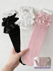 1/2/3/5 Pairs Women Colorful Knee High Socks, Hollow Mesh Lace Mid-Calf Socks, Sweet Thin Tall Socks With Ruffle Trim, Y2K Fashion Slimming Versatile Socks, Spring/Summer/Autumn - Multicolor - View 3