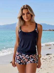 2026 New Women's Sexy Fashion Navy Blue & Pink Floral Patchwork Tummy-Control Two-Piece Boyleg Swimsuit For Vacation & Leisure Swimwear - Màu xanh hải quân - Xem 4