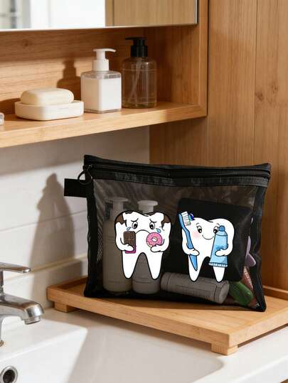 Túi đựng đồ họa tiết răng hoạt hình, thiết kế chủ đề nha khoa vui nhộn, túi trang điểm lưới di động, túi đựng đồ trang điểm in hình bàn chải đánh răng và nha khoa dễ thương, túi đựng đồ làm đẹp khi đi du lịch; vật dụng cần thiết để đựng đồ bơi khi đi nghỉ mát; món quà hoàn hảo dành cho bạn gái; túi trang điểm nhẹ, có thể gấp gọn, phù hợp cho các chuyến công tác.
