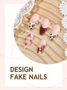 Transform Your Nails With This 24pcs/Set Gorgeous And Elegant Brown Leopard Print Gradient French 3D Flower Ripple Three-Dimensional Rhinestone Embellished Almond-Shaped Press-On Nails, Including Jelly Glue And A Nail File, Perfect For Girls And Women For Daily Gatherings And Parties, Autumn Nails - Multicolor - View 3