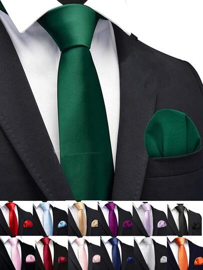 Bộ cà vạt và khăn cài túi màu đen trơn, trang trọng.