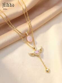 Hihho 两件套：椭圆形半透明柔光吊坠，简约蛇骨链增添优雅气质；心形翅膀吊坠镶嵌闪亮水钻，流苏设计，优雅别致。无论单独佩戴彰显精致品味，还是叠戴打造独特风格，这些项链都是表达您真挚祝福的绝佳礼物。 - 鎖骨鏈 - 查看 6