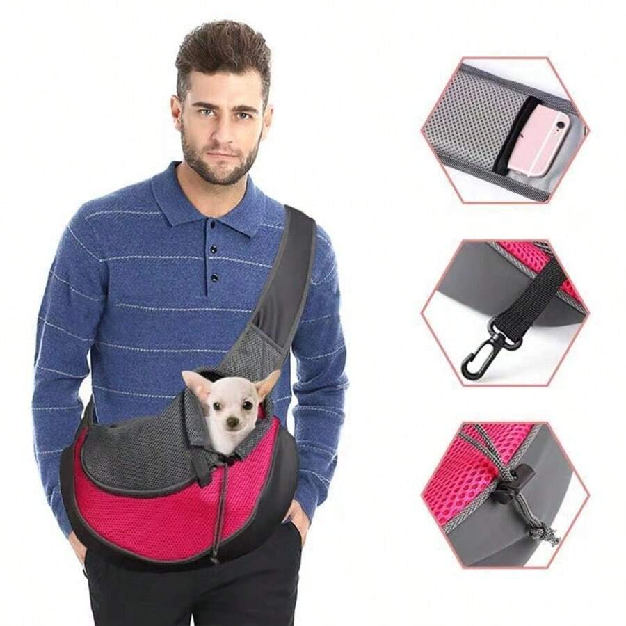 1pc Foldable Pet Carrier Bag, Adjustable Padded Shoulder Strap One Shoulder Cat/Dog Carrier, Breathable Mesh Fabric For Small Pets Like Pomeranian, Teddy - Black - View 1