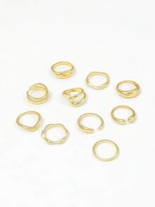 10pcs Smooth Geometric Oversized Fashion Rings, Vintage Coin Style Classic Gold Color Rings For Women - Gold - View 2