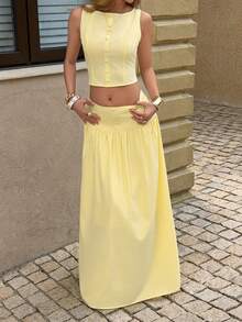 Unadoll 女士春夏法式休闲浅黄色两件套，纽扣细节无袖露脐上衣搭配高腰喇叭下摆长裙，适合度假和日常穿着。 - 黃色 - 查看 6