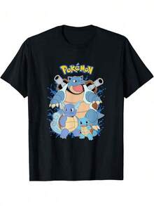 PO-KÉ-MONS Flare And Water Ripple Evolution Series Breathable Crew Neck Short-Sleeve T-Shirt, 180g 100% Cotton, Suitable For Carnival Parties, Summer, And Year-Round Wear. 100% Cotton Spring/Summer Casual Printed Short-Sleeve T-Shirt, Y2K Style, With Slogan Print, Suitable For Summer, School, Moody, And 2000s Styles. Summer Clothing, Women's Shirts, Men's Shirts, Unisex, Family Outfits. - 黑色 - 查看 1