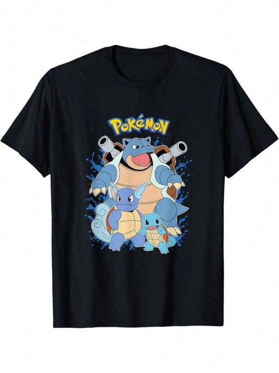PO-KÉ-MONS Flare And Water Ripple Evolution Series Breathable Crew Neck Short-Sleeve T-Shirt, 180g 100% Cotton, Suitable For Carnival Parties, Summer, And Year-Round Wear. 100% Cotton Spring/Summer Casual Printed Short-Sleeve T-Shirt, Y2K Style, With Slogan Print, Suitable For Summer, School, Moody, And 2000s Styles. Summer Clothing, Women's Shirts, Men's Shirts, Unisex, Family Outfits. - 黑色 - 查看 1