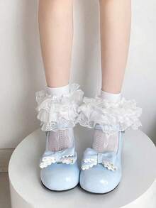 1 Pair Of Women's Cute Lace Ruffle And Bow Design Three-Layer Socks, Japanese Style Valentine's Day Valentines - 白色 - 查看 13
