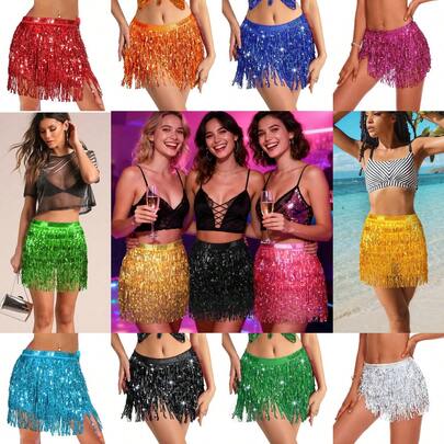 1 Stück Pailletten Quaste Mini Rock, sexy Crop Top Rock, verstellbarer Bund, Sarong Stil, geeignet für Karneval, Rave Partys, Tanzaufführungen, Boho, Retro Stil, geeignet für Festivals, Partys, Nachtclubs, Strände, exotische Mode Dekoration