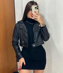 Jaqueta Feminina de Couro Sintético Jaqueta Motoqueiro. - Preto - Visão 10