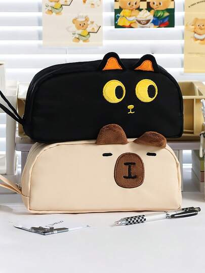 1个可爱刺绣爪印造型大容量卡通动物铅笔盒，带提手，便携式可爱文具收纳袋，内含网状口袋和笔槽，毛绒耳朵装饰，适合小学生、初中生、青少年、女孩使用。