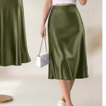 "Luxury Draped Satin Midi Skirt - Comfort And Elegance" - Army Green - View 2