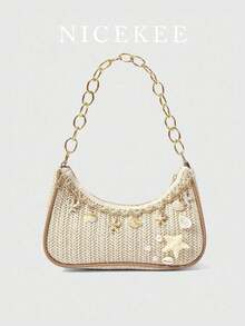 Fashionable And Minimalist Chain Shoulder Bag, Niche Design With Personalized Temperament Under The Arm Bag, Elegant And Lightweight Starfish Casual Grass Woven Bag, Suitable For Shopping, Vacation, Beach - Beige - View 1