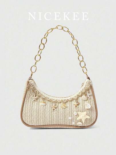 Fashionable And Minimalist Chain Shoulder Bag, Niche Design With Personalized Temperament Under The Arm Bag, Elegant And Lightweight Starfish Casual Grass Woven Bag, Suitable For Shopping, Vacation, Beach