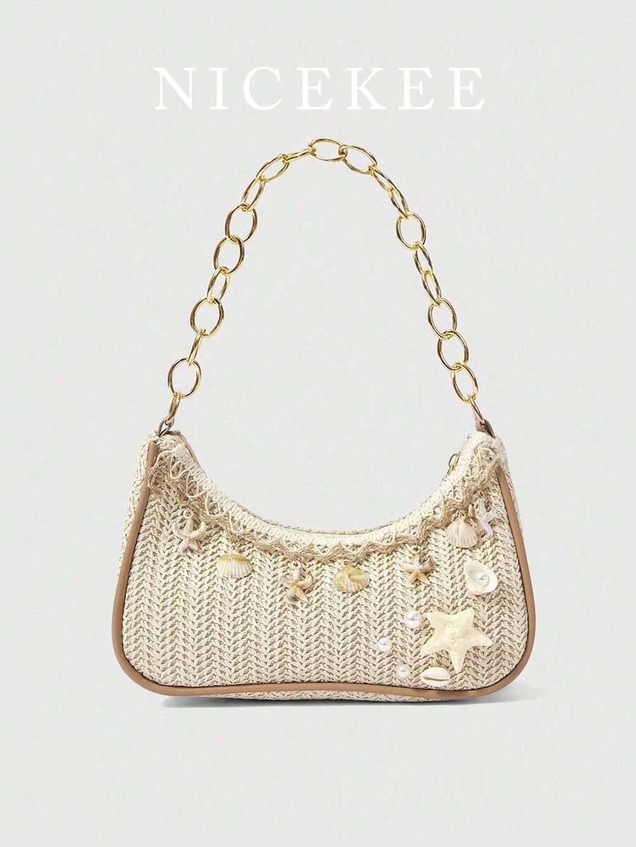 Fashionable And Minimalist Chain Shoulder Bag, Niche Design With Personalized Temperament Under The Arm Bag, Elegant And Lightweight Starfish Casual Grass Woven Bag, Suitable For Shopping, Vacation, Beach - Beige - View 1