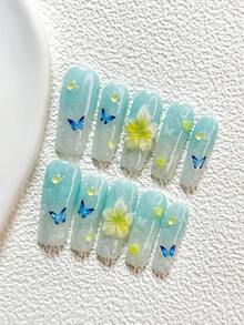 10件套全新清新海洋风手工美甲套装，包含印花美甲贴纸、花朵蝴蝶美甲配件、手工五瓣花美甲装饰、梦幻渐变效果，以及美甲工具（1张果冻贴纸+1把指甲锉），三种尺寸可选：杏仁形、鸭嘴形、棺材形，适合派对、日常、摄影、春夏通勤等场合。 - 彩色 - 查看 18