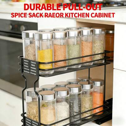 Pull Out Spice Rack For Cabinet – Heavy Duty 2-Tier Slide Organizer With 415 Spice Labels, Ball Bearing Full Extension Glides, Steel Construction, 4"W X 10"D X 8"H, Easy Install