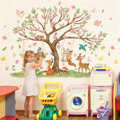 BRUP 2/3 Sheets/Set Large Size Cartoon Cute Animals Wall Sticker, Blooming Tree With Bird Nest, Bunny, Fox & Fawn, Butterflies And Pink Petals, Animals Decal For Playroom Kid's Bedroom Nursery Decor, Removable Peel And Stick, Cottagecore Forest Adventure Theme Art