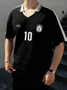 Camiseta de manga corta de uso diario casual y versátil con cuello en V y bloques de color para hombres - Negro - Ver 3