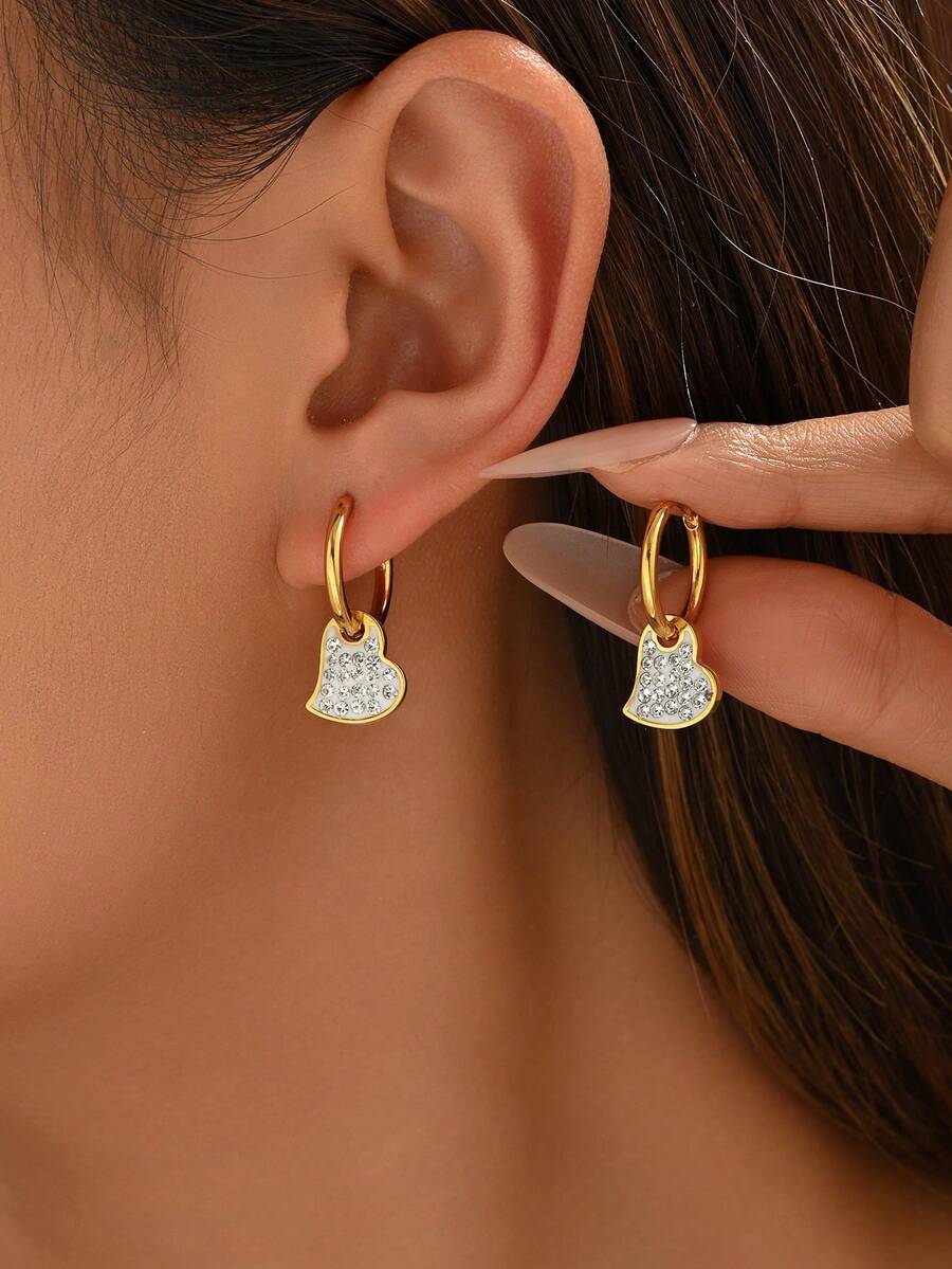 1 đôi bông tai nữ bằng thép không gỉ, kiểu dáng tối giản, đính kim cương hình trái tim, thích hợp để đeo hàng ngày. - nhiều màu - Xem 1