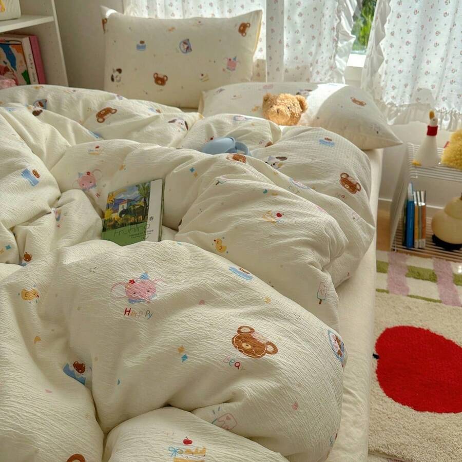 3件套100%涤纶可爱动物印花床上用品套装，2个枕套+1个被套（不含床单） - 彩色 - 查看 1