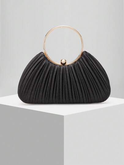 New Satin Pleated Round Handle Evening Bag, Formal Dress Clutch Purse, Suitable For Weddings, Conferences, Banquets, Parties, Balls. Best Gift For Women