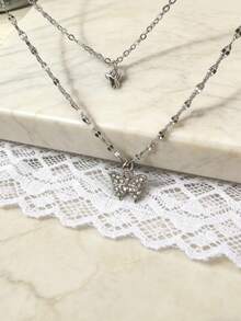 1 chiếc vòng cổ nhiều lớp hình bướm tối giản, thanh lịch, thích hợp để đeo hàng ngày. - Bạc - Xem 5