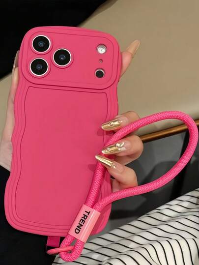 1个极简风格亮粉色波浪边手机壳，带腕带，防震保护壳，防滑防刮，适用于 17 Pro Max、17/16/15/14/13/12/11系列、S20-S25系列，情人节/新年送礼佳品