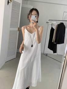 YCYC 韓式不對稱下擺女款洋裝 春季新款 溫柔風 純色細肩帶洋裝 優雅白色 夏季 - 白色 - 查看 1