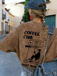 Camiseta de manga corta con cuello redondo, estampado de club de café y teñido anudado, de estilo casual y versátil para mujer - Marrón - Ver 6