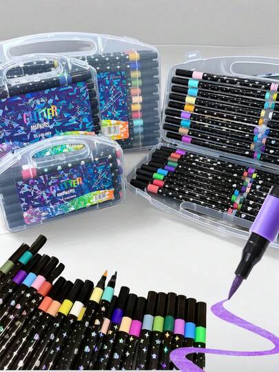 12/24/36/48/60 Colors Children Soft Tip Glitter Markers, Pearlescent Art Drawing DIY Brush Pens, Student Hand Painted Diary Highlighters, School & Office Supplies, Valentine's Day, Thanksgiving, Back To School Decorative Gift (Cover Design May Vary, Minor Surface Scratches Are Normal And Won't Affect Usage)