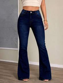 Medium Blue Elastic Bell Bottom Jeans, Butt Lifting And Tummy Control - Deep Blue - View 2