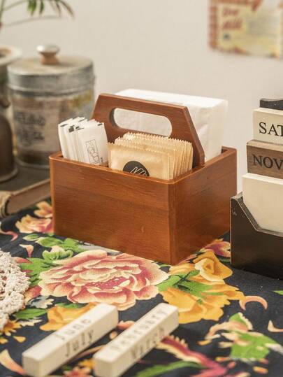 1pc Wooden Desktop Organizer Box, Retro Wooden Storage Box For Handkerchief, Toothpick, Lipstick, Cosmetics, Jewelry, Home Accessories