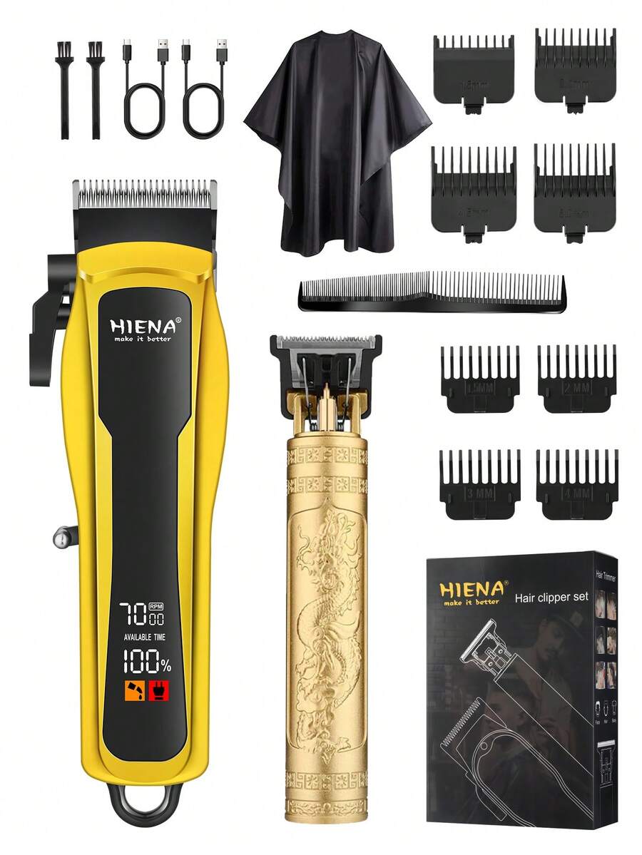 HIENA 2件組專業理髮器套組，男士無線理髮器，5款機型與造型，T9刀頭順滑修剪，USB充電接口，LED顯示螢幕，1500mAh鋰電池，居家理髮完美伴侶