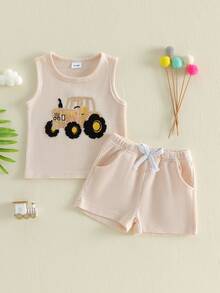 2Pcs Summer Outfits Sleeve Tractor Embroidery Tops + Shorts Set Toddler Clothes - Beige - View 6