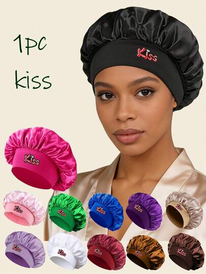 Unisex Bonnet Hat Customized "Kiss" Letter Satin Sleep Bonnet,Soft Comfortable Sleeping Bonnet,Elastic Wide-Brim Silky Sleeping Cap For Hair Protection, Make Up Washing Face Daily Use,Shower Cap For Daily