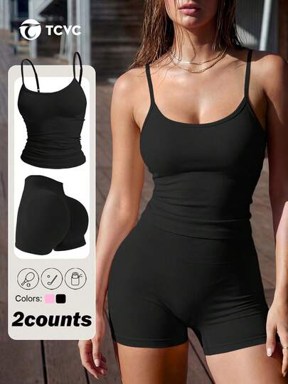  TCVC Spring/Summer New 2-Piece Sports Set, New Sexy Seamless Sports Suit For Women, Adjustable Spaghetti Strap Vest, High-Waist Lifting Peach Butt Shaping Tight Shorts, High Elasticity Moisture-Wicking Breathable Yoga Outfit, Peach Butt Shaping Fitness 2-Piece Set, Suitable For Yoga, Fitness, Running, Commuting, Casual Wear