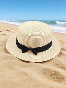 1pc Bohemian Style French Raffia Bow Straw Hat, Women Summer Beach Sun Protection Panama Hat - A - View 3