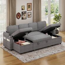 Corner Sofa Bed, U-Shaped Sleeper Sectional Couch Bed, 3-In-1 Corduroy Convertible Pull Out Sofa Bed With Adjustable Backrest, Storage And Cup Holder For Living Room, Dark Grey - 4-seater U-shaped Corduroy Dark Gray - View 11
