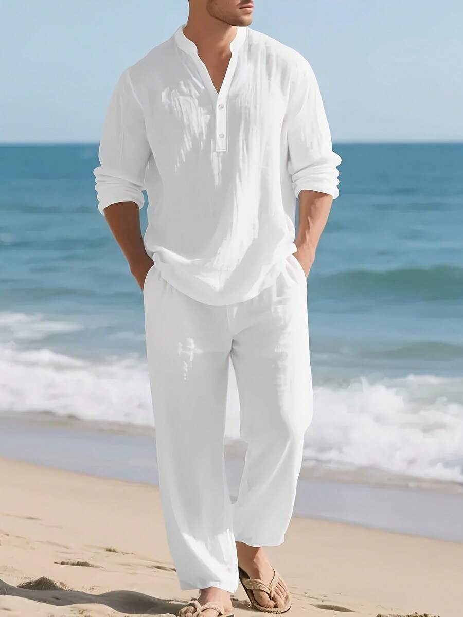 Men's Linen Casual 2 Piece Outfits Long Sleeve Lapel Shirt & Long Pants Set Loose Fit V Neck Tops Breathable Beach Vacation Daily Streetwear All Season Spring Summer Autumn New Arrival - 白色 - 查看 1