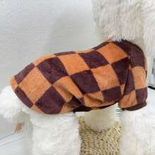 棕橙色棋盘格毛绒狗狗卫衣，保暖柔软的抓绒套头衫，休闲圆领宠物服装，适合小型和中型犬，如泰迪比熊犬，秋冬季宠物套装 - 摩卡棕 - 查看 4