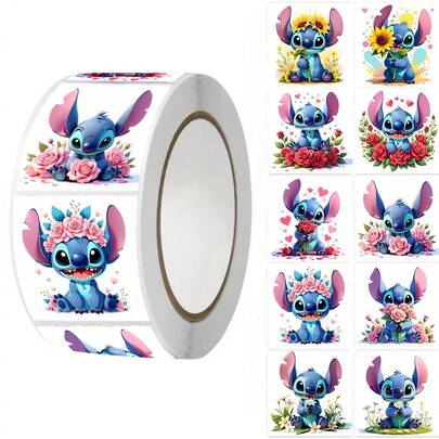  500 stuks Miniso Stitch cartoonstickers, schattig bloemenontwerp met Stitch, geschikt voor diverse decoratiescenario's, ideaal verjaardagscadeau, feestdecoratie, enveloppen sluiten, perfecte kantoorartikelen
