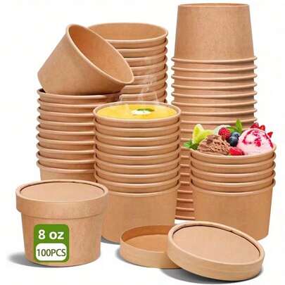 100/60/40/20pcs 8oz Paper Soup Bowls With Lids, Disposable Paper Food Containers, Kraft Paper Dessert Bowls, Ice Cream Cups, Microwave & Refrigerator For Hot Soup And Ice Cream