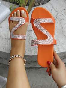 Summer Solid Color Rhinestone S-Shaped Flat Sandals, Fashionable Beach Slippers For Outdoor Wear - Coral Orange - View 8