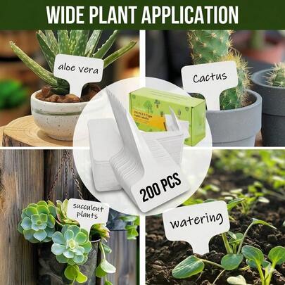 200个T型塑料植物标签，防水植物标志牌，苗圃花园标记牌，适用于幼苗、花卉、蔬菜、香草、盆栽植物，附赠记号笔