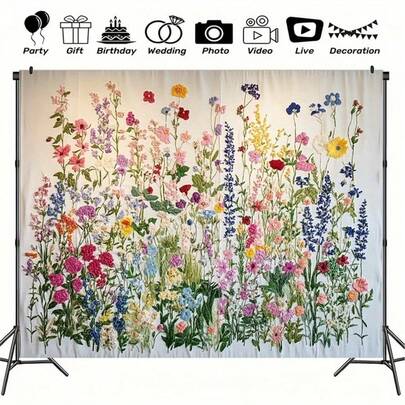 1 pieza Telón de fondo de poliéster con estampado floral - Tela de poliéster 100%, fondo de fotografía, adecuado para fiestas, decoración del hogar, jardín, habitación - Accesorio de fotografía multiusos, adecuado para celebraciones en el hogar, mesa de pastel, estudio - No se requiere electricidad