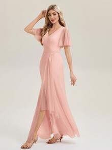 EVERPRETTY Summer Solid Color Ruched Bust Elegant Pink Bridesmaid Dress Suitable For Wedding Guest Dinner Dating Other Formal Occasions - Pink - View 5